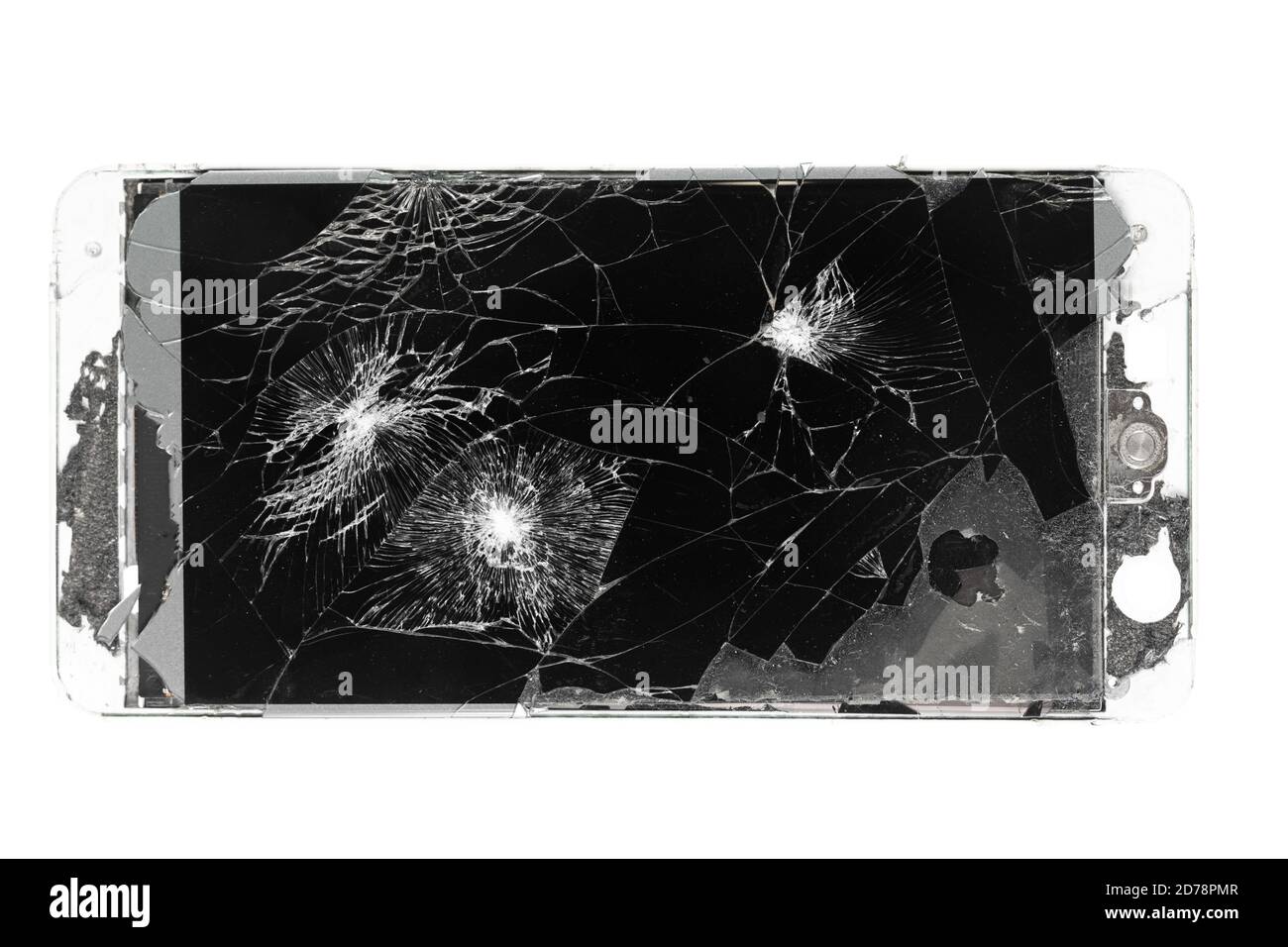lo sfondo bianco dello smartphone è rotto. il display del telefono è rotto e presenta delle crepe Foto Stock