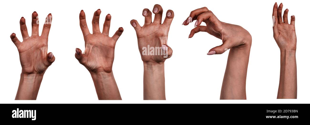 Immagini multiple Imposta mani nere femminili sfondo bianco isolato che mostra gesti diversi. Collage di mani di una donna africana con manicure Foto Stock