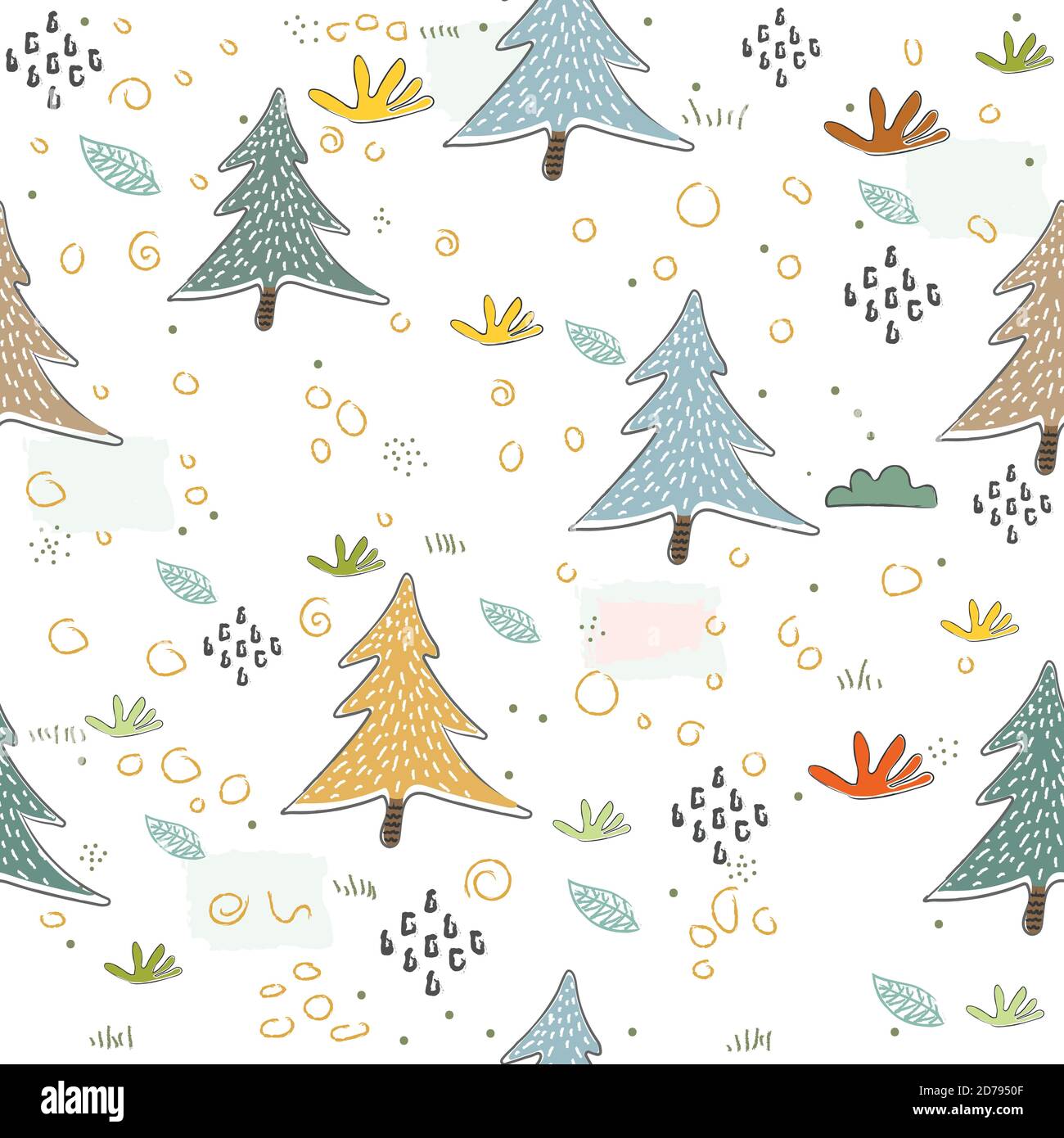 Seamless disegnati a mano con design di abeti. Luminose in stile scandinavo. Illustrazione Vettoriale Illustrazione Vettoriale