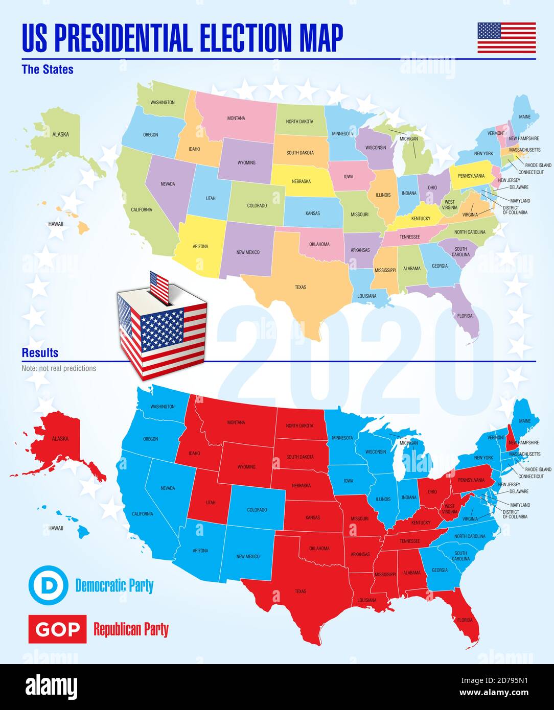 Elezioni presidenziali AMERICANE del 2020, mappa degli stati americani separati con la possibilità di cambiare il colore di ogni singolo stato Illustrazione Vettoriale