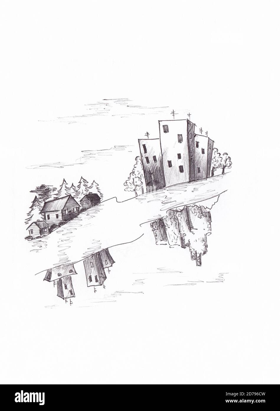 Fantasy villaggio e città riflessa nel fiume, disegno a mano inchiostro illustrazione schizzo. Case e alberi sulla riva del fiume, riflesso del passato e f Foto Stock