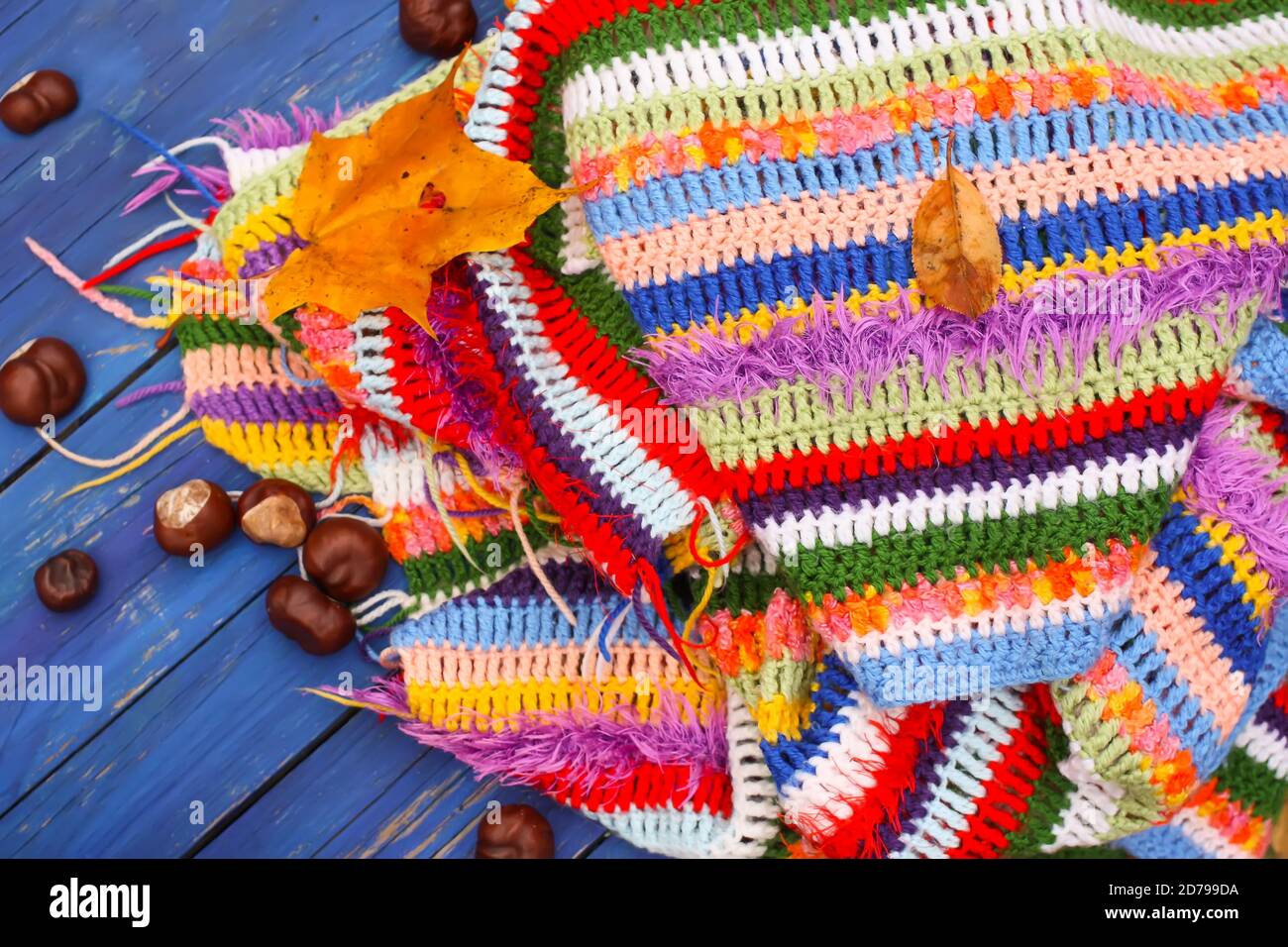 Sfondo autunno. Castagne di cavallo su crocheted lucido caldo striped plaid. Foto Stock