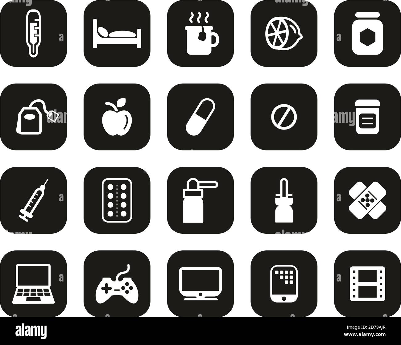 Fuma o icone a freddo Bianco su Black Flat Design Set Grande Illustrazione Vettoriale