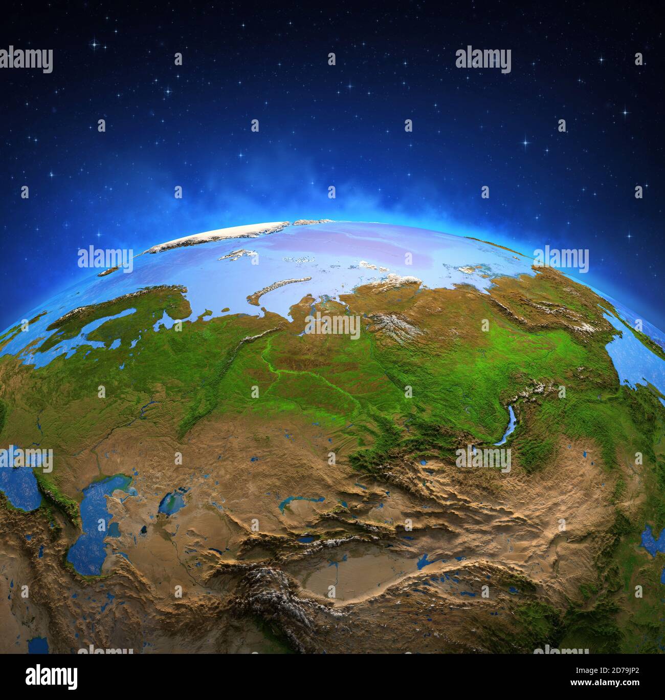 Superficie del pianeta Terra vista da un satellite. Mappa fisica dell'Asia dell'Europa orientale, incentrata sulla Russia, sulla Siberia e sul riscaldamento del permafrost. Illustrazione 3D Foto Stock