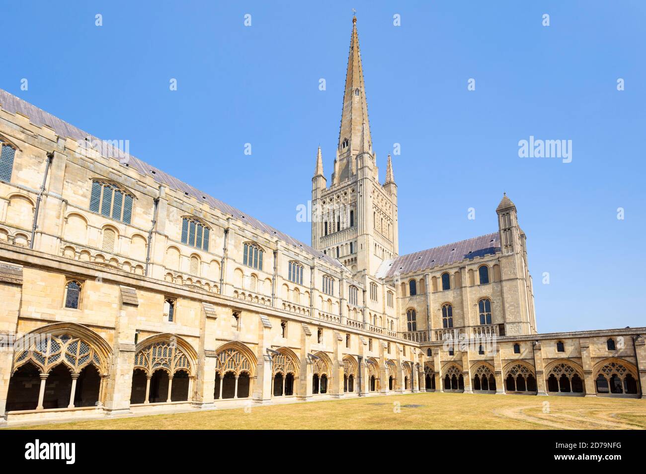 Norwich Cathedral Cloisters South Transept e spire of Norwich Cathedral Norwich Norfolk East Anglia Inghilterra GB Europa Foto Stock