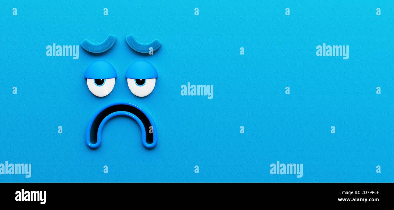 Divertente personaggio triste Blue espressione del volto sfondo 3d rendering 3d illustrazione Foto Stock
