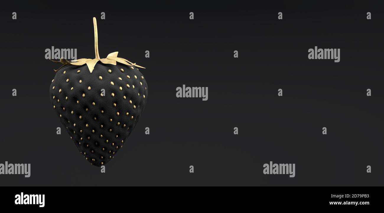 Nero e oro Strawberry su sfondo nero 3d rendering illustrazione Foto Stock