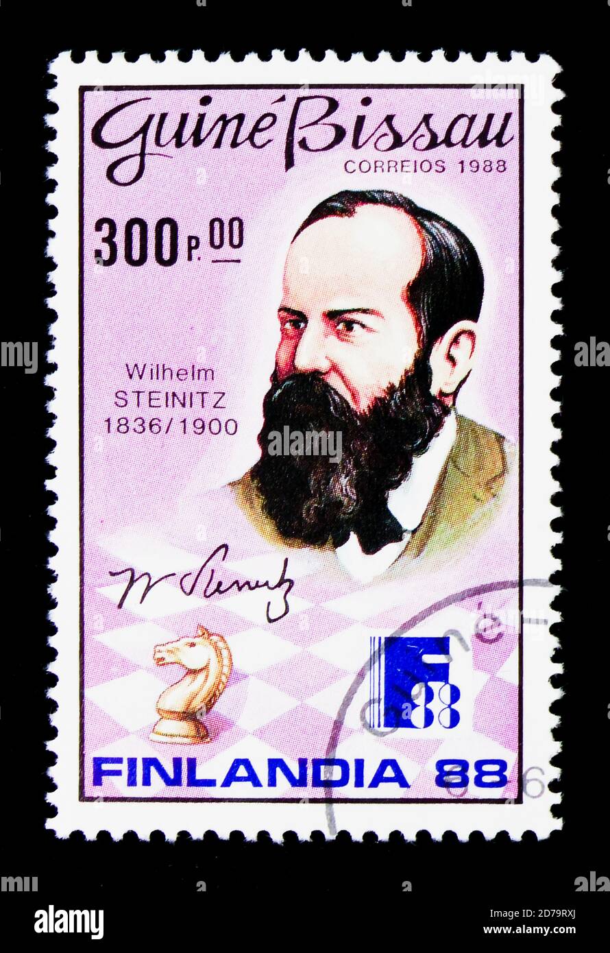 MOSCA, RUSSIA - 21 DICEMBRE 2017: Un francobollo stampato in Guinea-Bissau mostra Wilhelm Steinitz, serie di giocatori di scacchi, circa 1988 Foto Stock