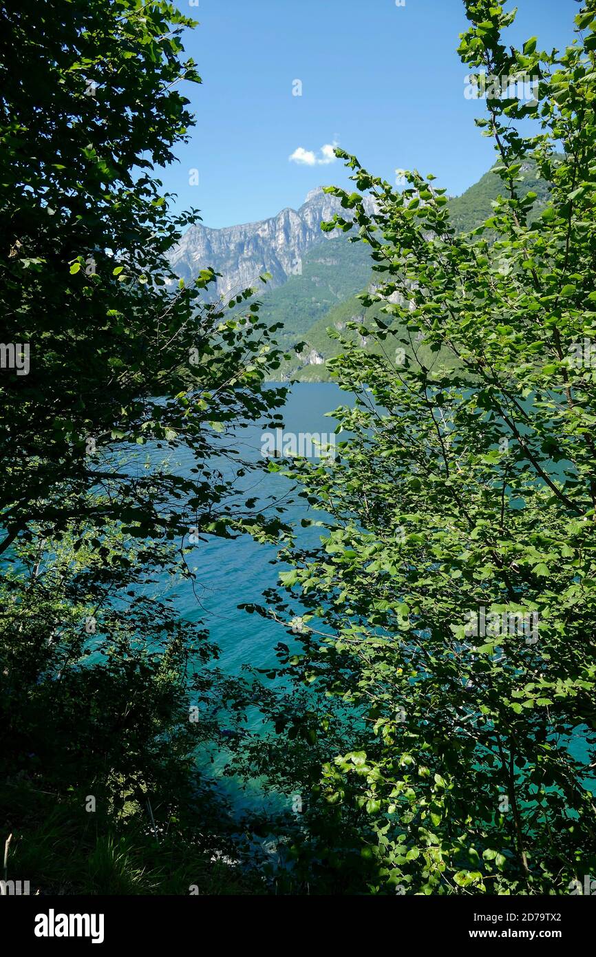 Vista del lago di Molveno in Trentino Foto Stock