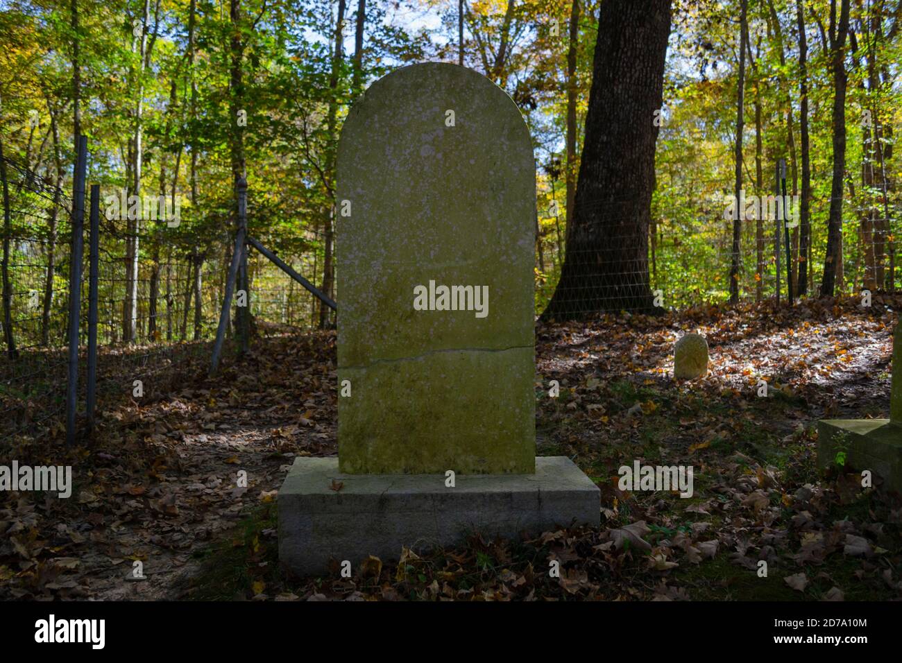 Riparazione lapide da un piccolo cimitero di campagna nei boschi Foto Stock