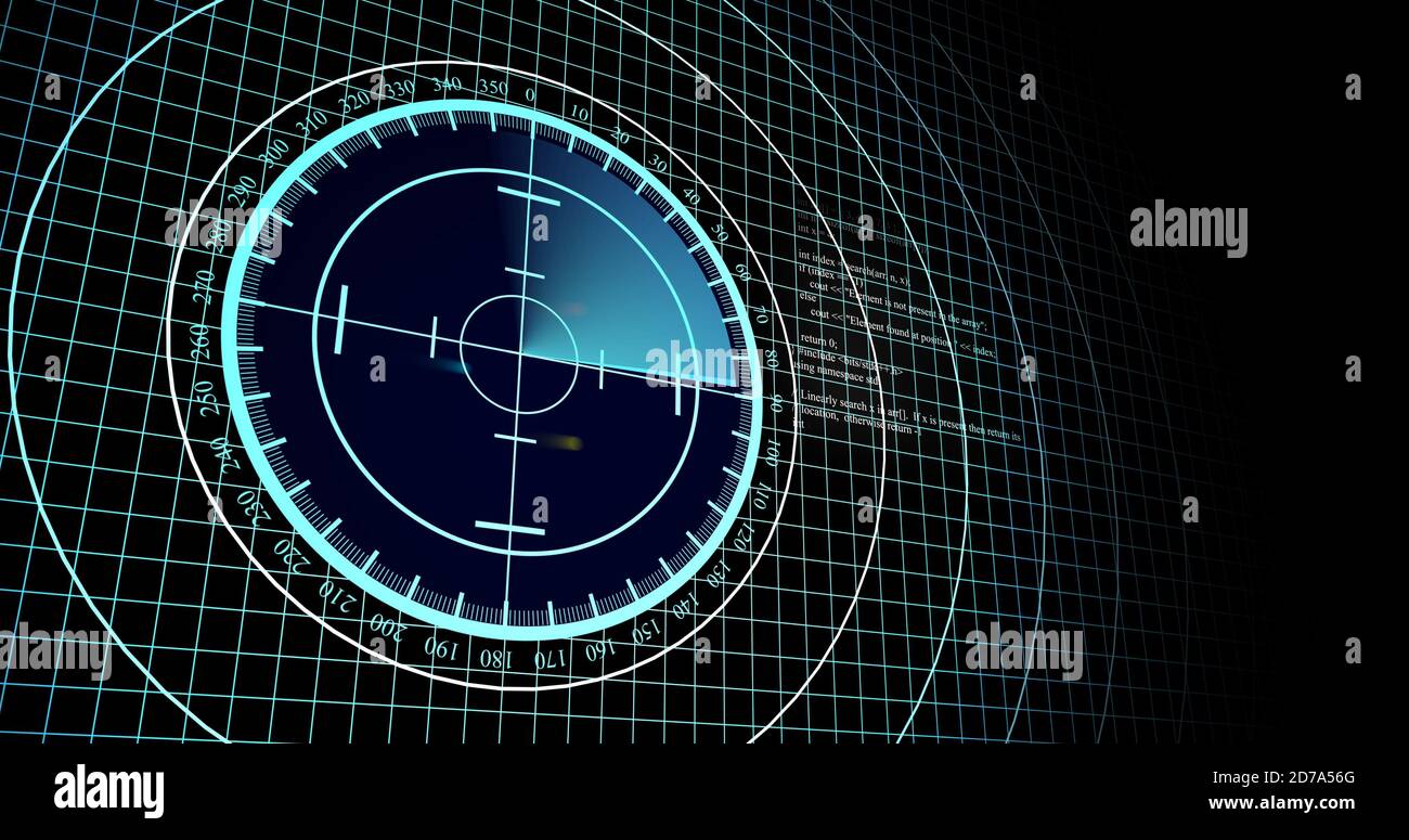 Velivoli nemici o navi rilevate dalla scansione radar, velocità dell'oggetto e monitoraggio della posizione. Scansione di oggetti tramite radar. concetto di risoluzione 4k Foto Stock