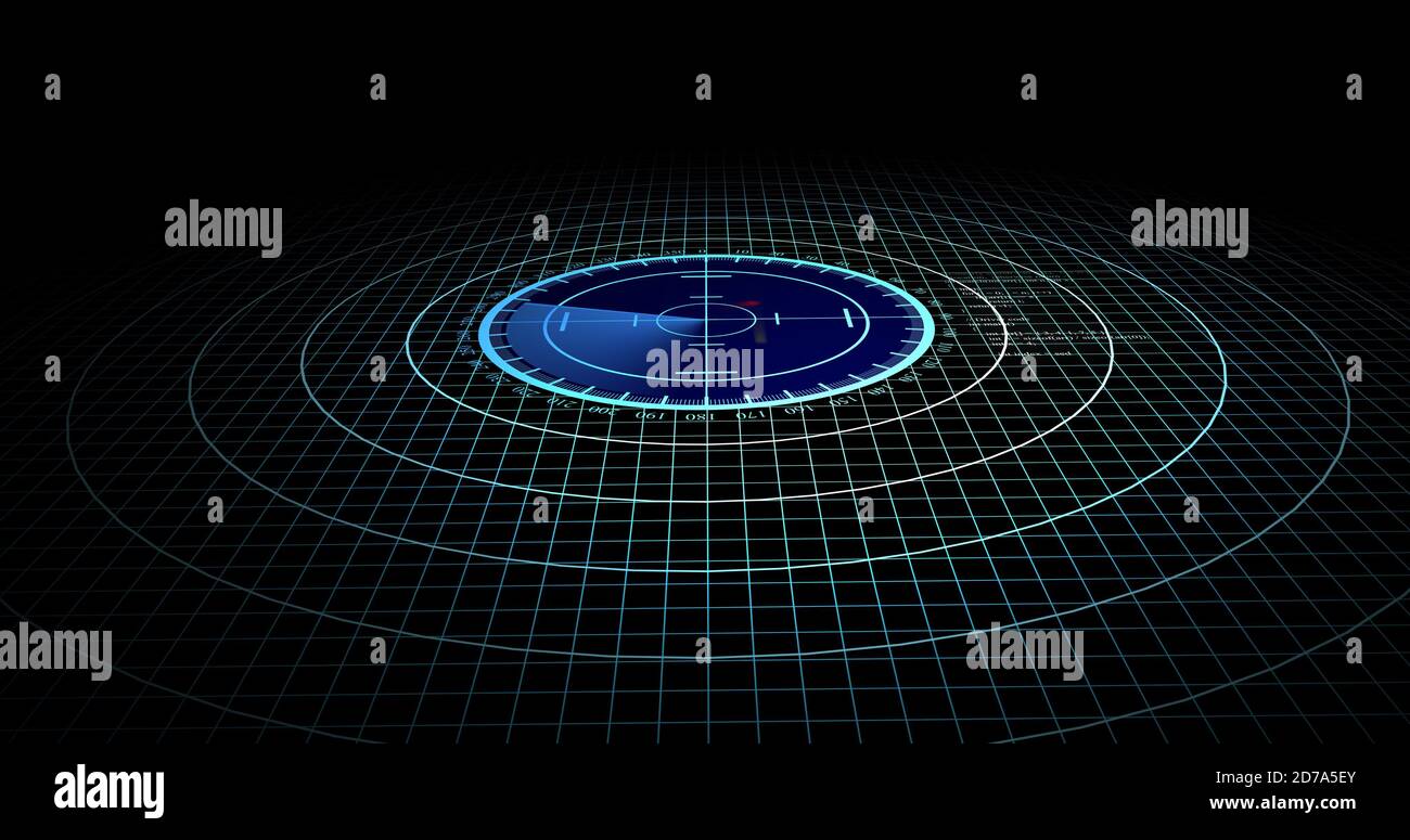 Velivoli nemici o navi rilevate dalla scansione radar, velocità dell'oggetto e monitoraggio della posizione. Scansione di oggetti tramite radar. concetto di risoluzione 4k Foto Stock