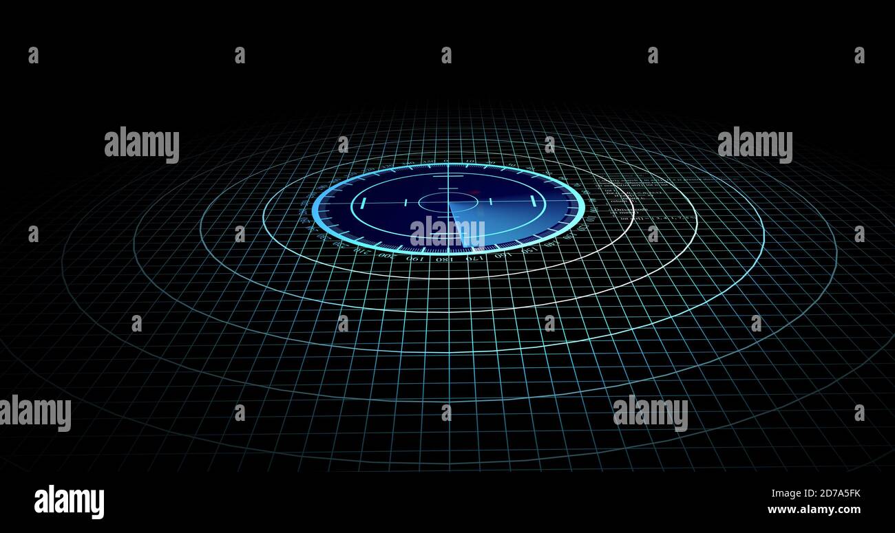 Velivoli nemici o navi rilevate dalla scansione radar, velocità dell'oggetto e monitoraggio della posizione. Scansione di oggetti tramite radar. concetto di risoluzione 4k Foto Stock