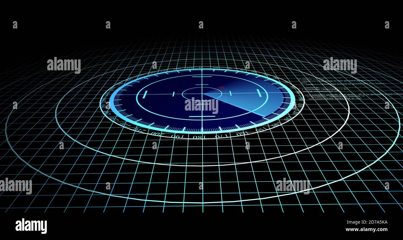 Velivoli nemici o navi rilevate dalla scansione radar, velocità dell'oggetto e monitoraggio della posizione. Scansione di oggetti tramite radar. concetto di risoluzione 4k Foto Stock