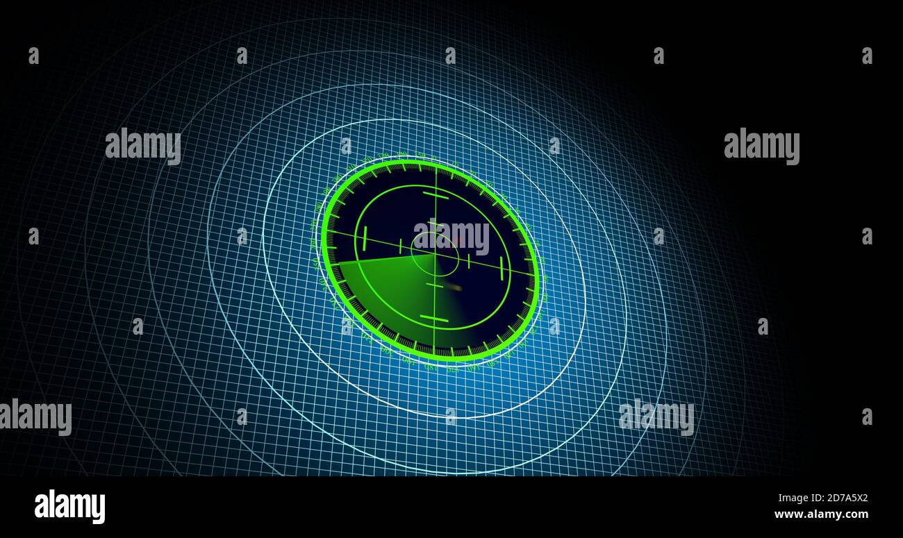 Velivoli nemici o navi rilevate dalla scansione radar, velocità dell'oggetto e monitoraggio della posizione. Scansione di oggetti tramite radar. concetto di risoluzione 4k Foto Stock