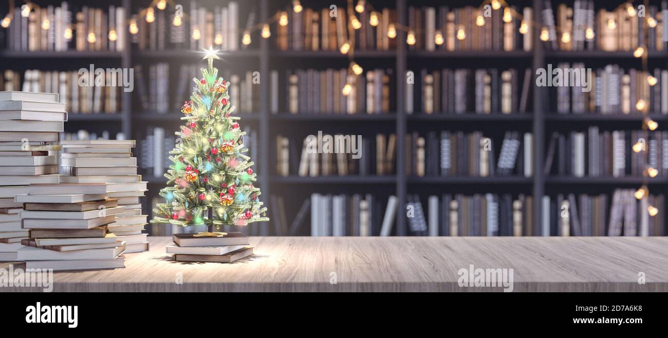 Albero di Natale decorato su Libreria nella biblioteca con vecchi libri,  Holidays in Bookstore Concept 3d rendering illustrazione 3d Foto stock -  Alamy