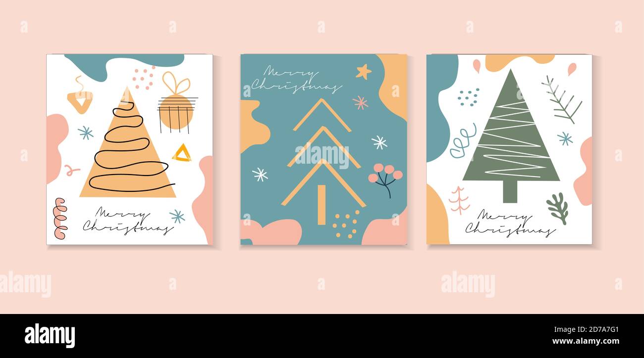 Set di biglietti d'auguri per il disegno astratto a mano di Natale, modello di design contemporaneo alla moda Illustrazione Vettoriale