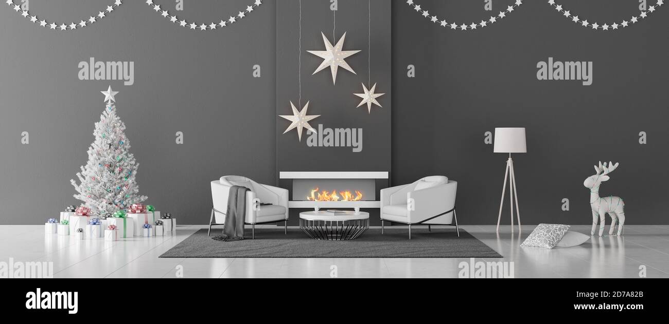 Casa moderna interno con camino e un albero di natale in bianco e rosso Foto stock - Alamy