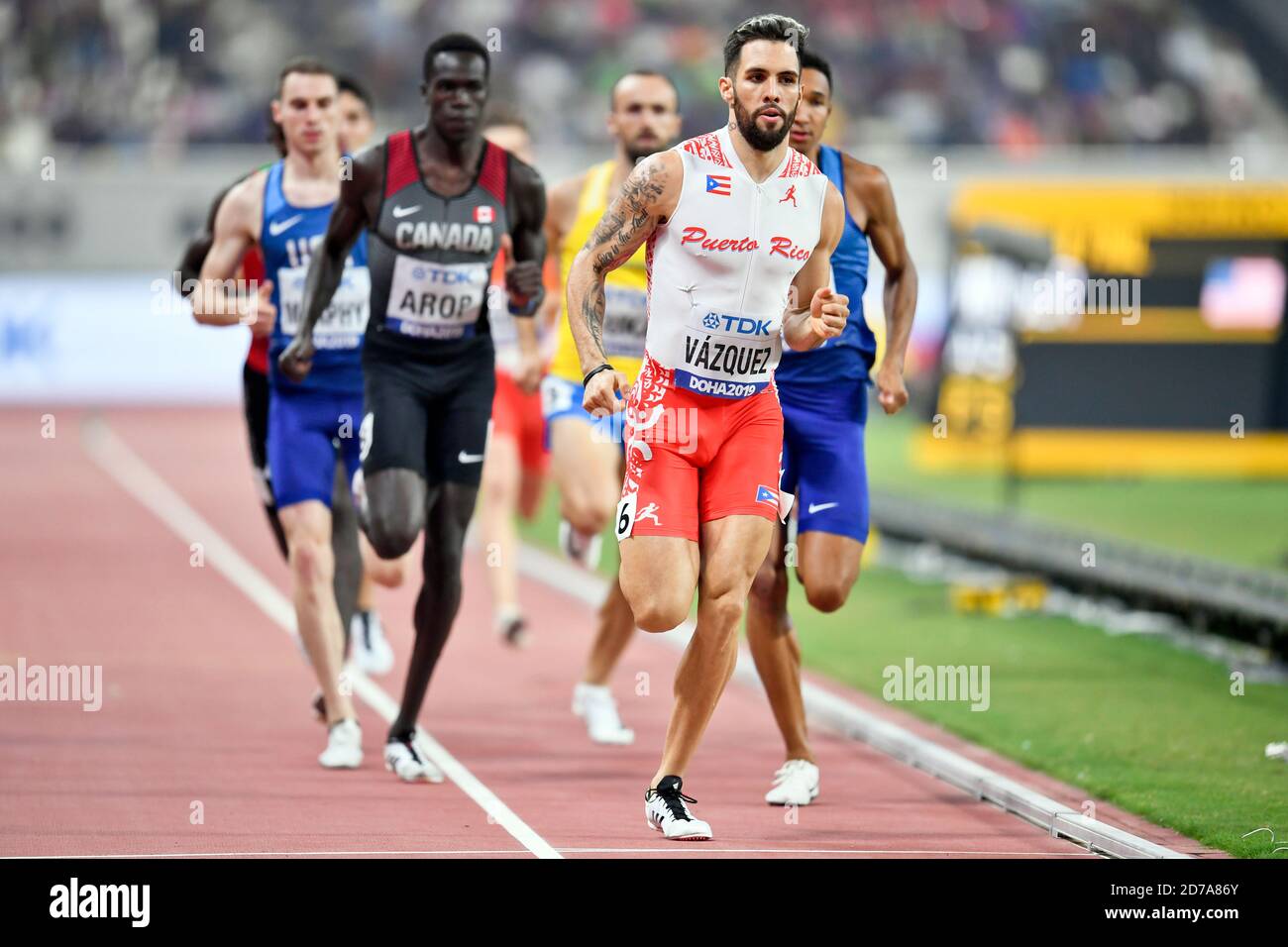 Wesley Vázquez (Porto Rico), Donovan Brazier (USA), Marco Arop (Canada). 800 metri uomini finale. IAAF World Athletics Championships, Doha 2019 Foto Stock