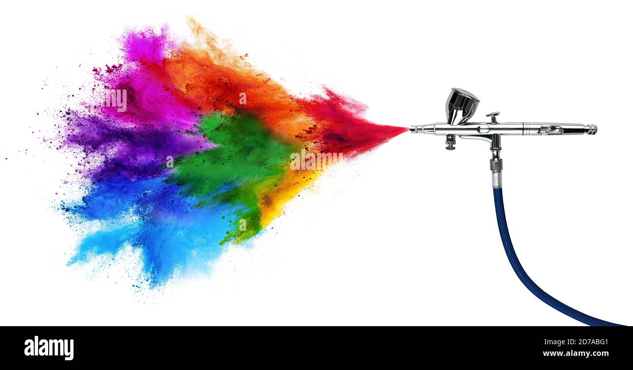 aerografo professionale in metallo cromato pistola per verniciatura acrilica  con colorato spray arcobaleno holi polvere nuvola esplosione isolato su  bianco panorama bac Foto stock - Alamy
