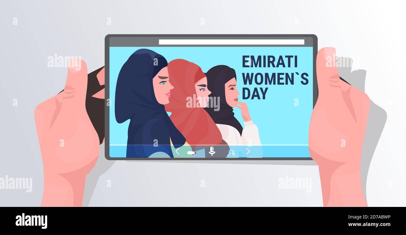 belle ragazze arabe sullo schermo del tablet donne che indossano hijab colorato Emirati giorno delle donne biglietto d'auguri ritratto orizzontale vettore illustrazione Illustrazione Vettoriale