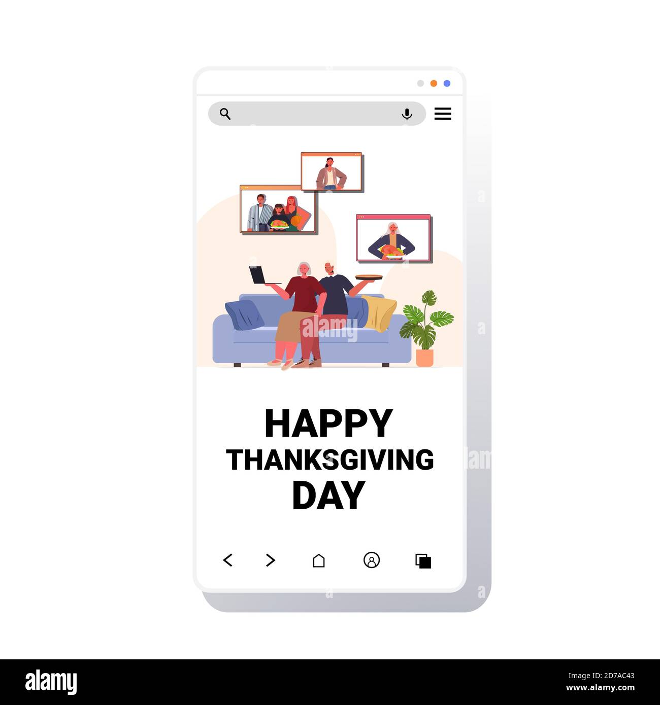 nonni discutere con i bambini durante la videochiamata famiglia festeggiando felice giorno di ringraziamento comunicazione online self-isolation concetto smartphone vettore schermo illustrazione Illustrazione Vettoriale