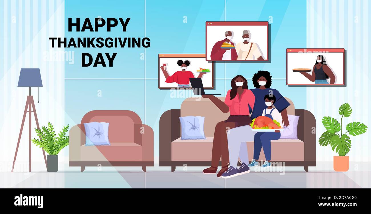 genitori e figli che discutono con i nonni durante la videochiamata con la famiglia celebrare felice giorno di ringraziamento on-line comunicazione auto isolamento concetto orizzontale illustrazione vettoriale spazio di copia a lunghezza intera Illustrazione Vettoriale