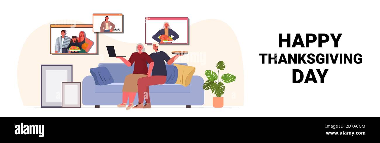 nonni discutere con i bambini durante la videochiamata famiglia festeggiando felice giorno di ringraziamento comunicazione online concetto di autoisolamento spazio di copia orizzontale illustrazione vettoriale Illustrazione Vettoriale