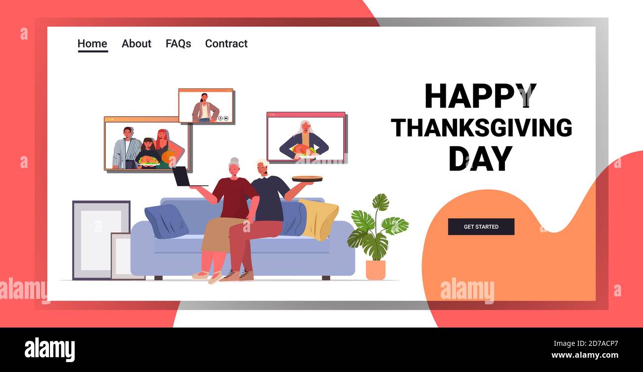nonni discutere con i bambini durante la videochiamata famiglia festeggiando felice giorno di ringraziamento comunicazione online concetto di autoisolamento spazio di copia orizzontale illustrazione vettoriale Illustrazione Vettoriale