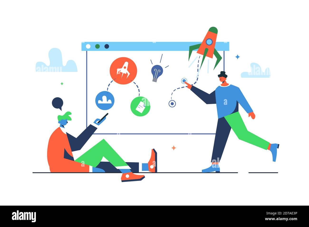 Concetto due ragazzi stanno lanciando una startup su un virtuale schermo Illustrazione Vettoriale