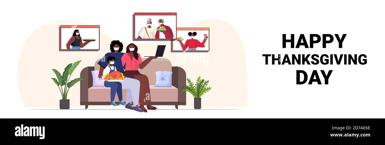 genitori e figli che discutono con i nonni durante la videochiamata con la famiglia celebrare felice giorno di ringraziamento on-line comunicazione auto isolamento concetto orizzontale illustrazione vettoriale spazio di copia a lunghezza intera Illustrazione Vettoriale