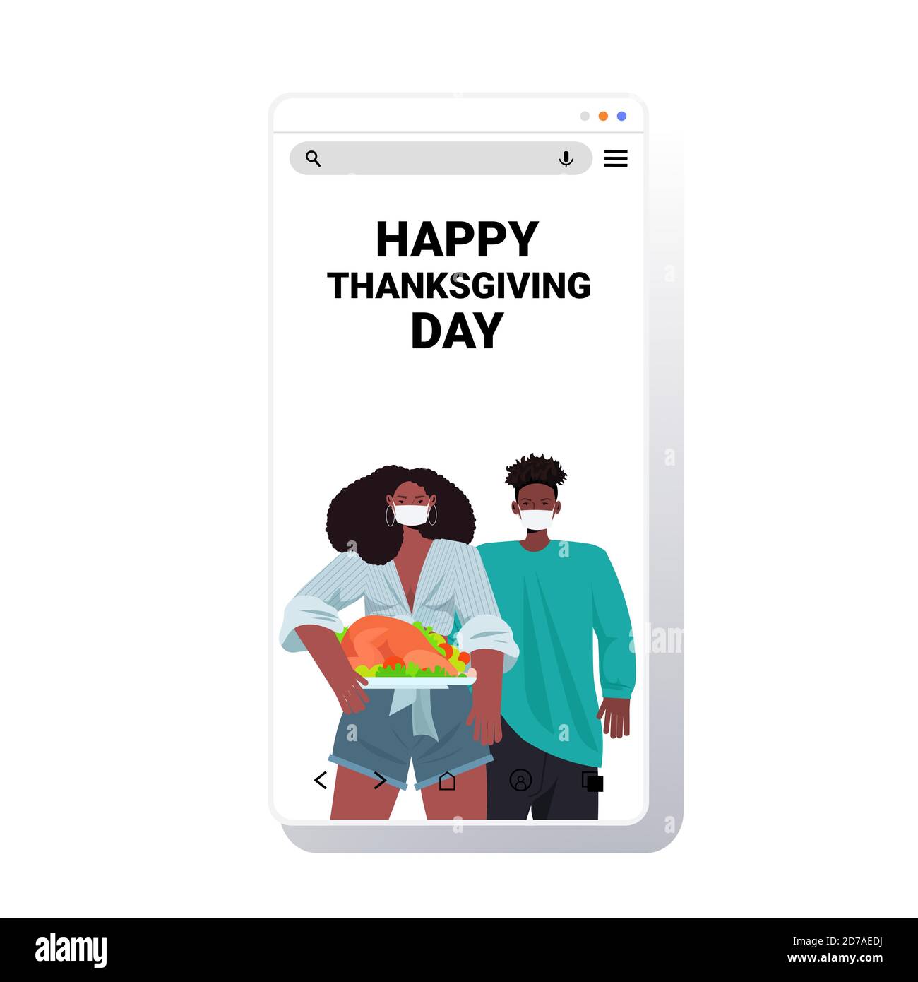 uomo donna in maschere che celebra felice giorno di ringraziamento afroamericano coppia che tiene arrostito turchia coronavirus concetto quarantena smartphone copia schermo immagine vettoriale verticale spaziale Illustrazione Vettoriale
