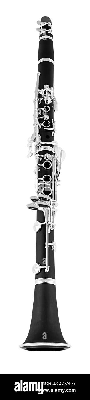 nero argento cromato clarinetto musica classica legno strumento vento isolato su sfondo bianco woodwind jaa flute Foto Stock