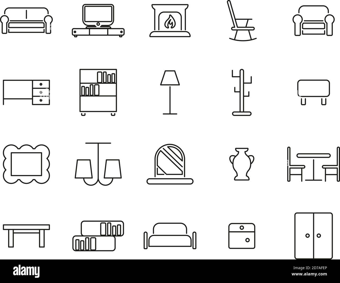 Icone di mobili Set sottile bianco e nero Grande Illustrazione Vettoriale