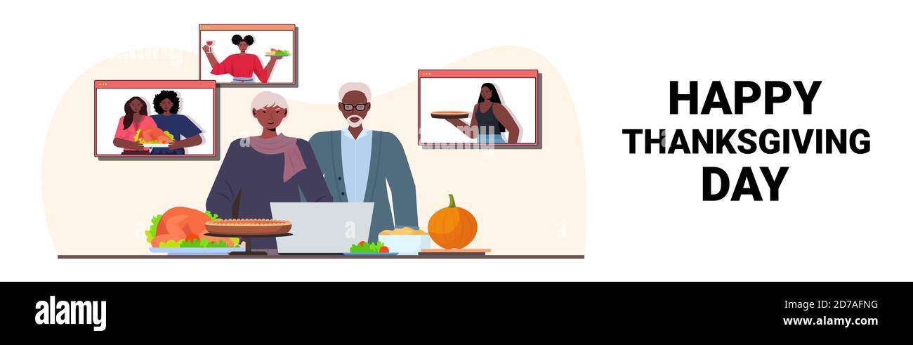 i nonni discutono con i bambini durante la videochiamata celebrando il ringraziamento felice giorno comunicazione online concetto di autoisolamento orizzontale verticale spazio di copia illustrazione vettoriale Illustrazione Vettoriale