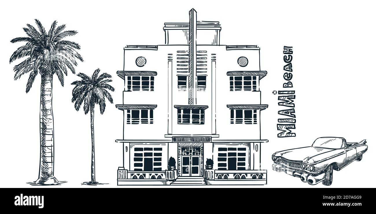 Miami Street con edificio d'epoca, auto retrò e palme isolate su sfondo bianco. Illustrazione dello schizzo del doodle vettoriale. Florida vacanza mano disegnata d Illustrazione Vettoriale