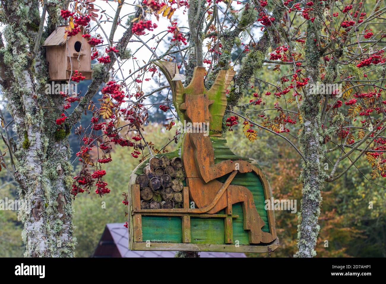 Casa per uccelli e manufatti in legno raffiguranti un uomo che porta legno. Cimbrian villaggio di Vallorch nel Cansiglio altopiano. Veneto. Italia. Europa. Foto Stock