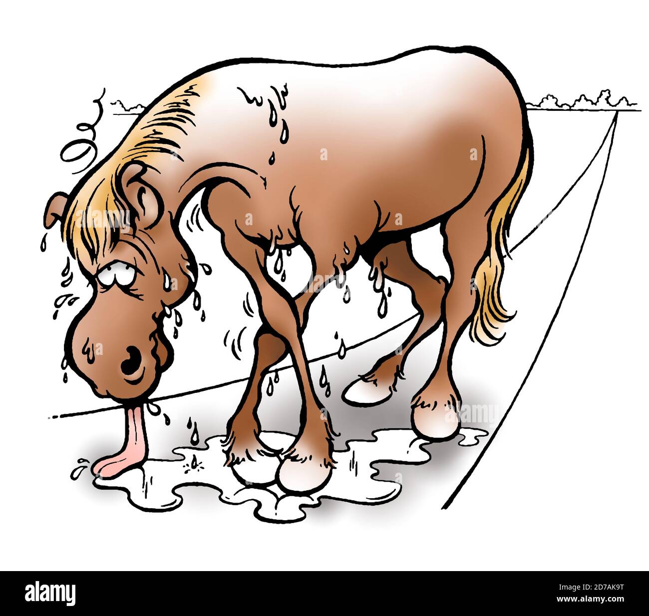 Cavallo marrone sudato ed esausto con lingua a terra quasi affonda attraverso le gambe. Illustrazione Foto Stock