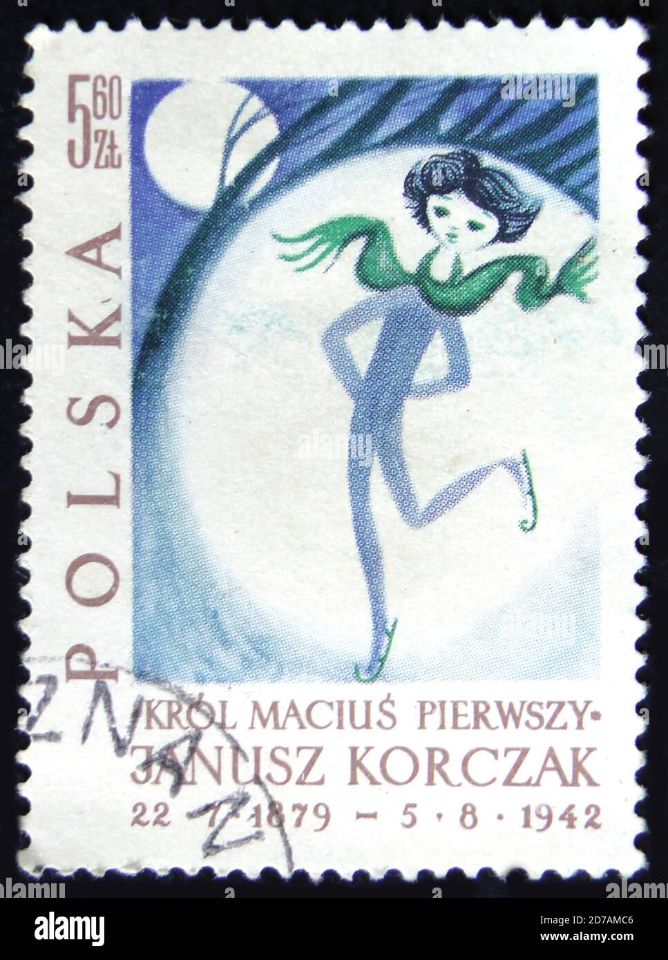 MOSCA, RUSSIA - 2 APRILE 2017: Un francobollo stampato in Polonia mostra la ragazza sugli skates, Illustrazione dal libro del re Matthew, circa 1962 Foto Stock