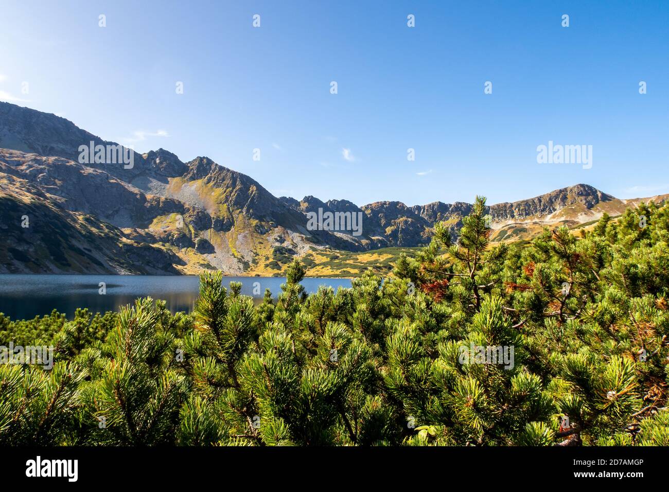 Lago di montagna blu cristallo Wielki Staw in alta montagna Tatra, cinque stagni polacchi Valle (Dolina Pieciu Stawow Polskich) in autunno. Foto Stock