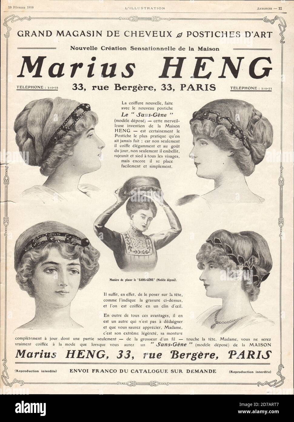 Publicite de presse pour les positiches et perruques Marius Heng 1910 Foto Stock