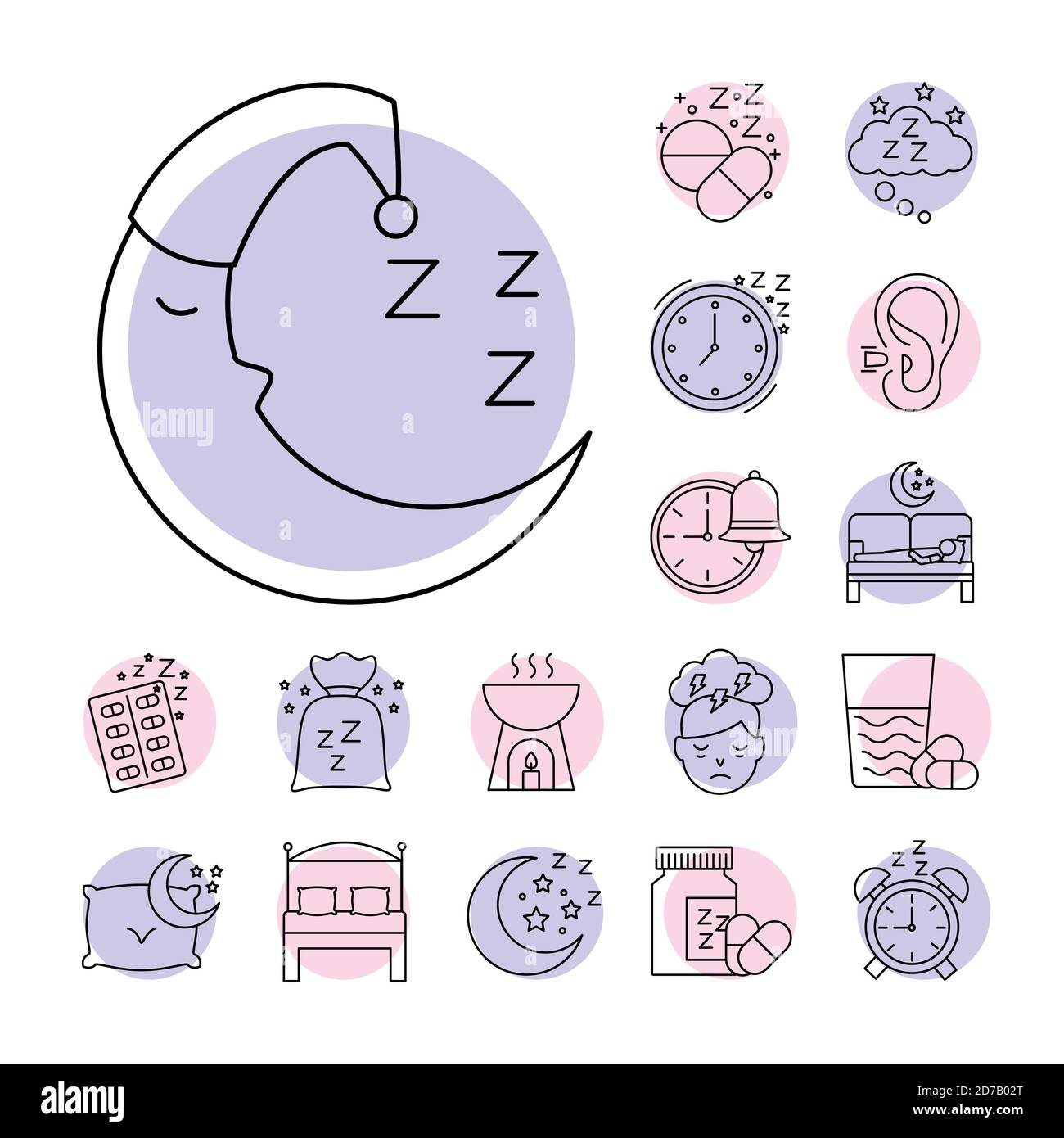 luna e fascio di icone stile linea Insomnia illustrazione vettoriale design Illustrazione Vettoriale