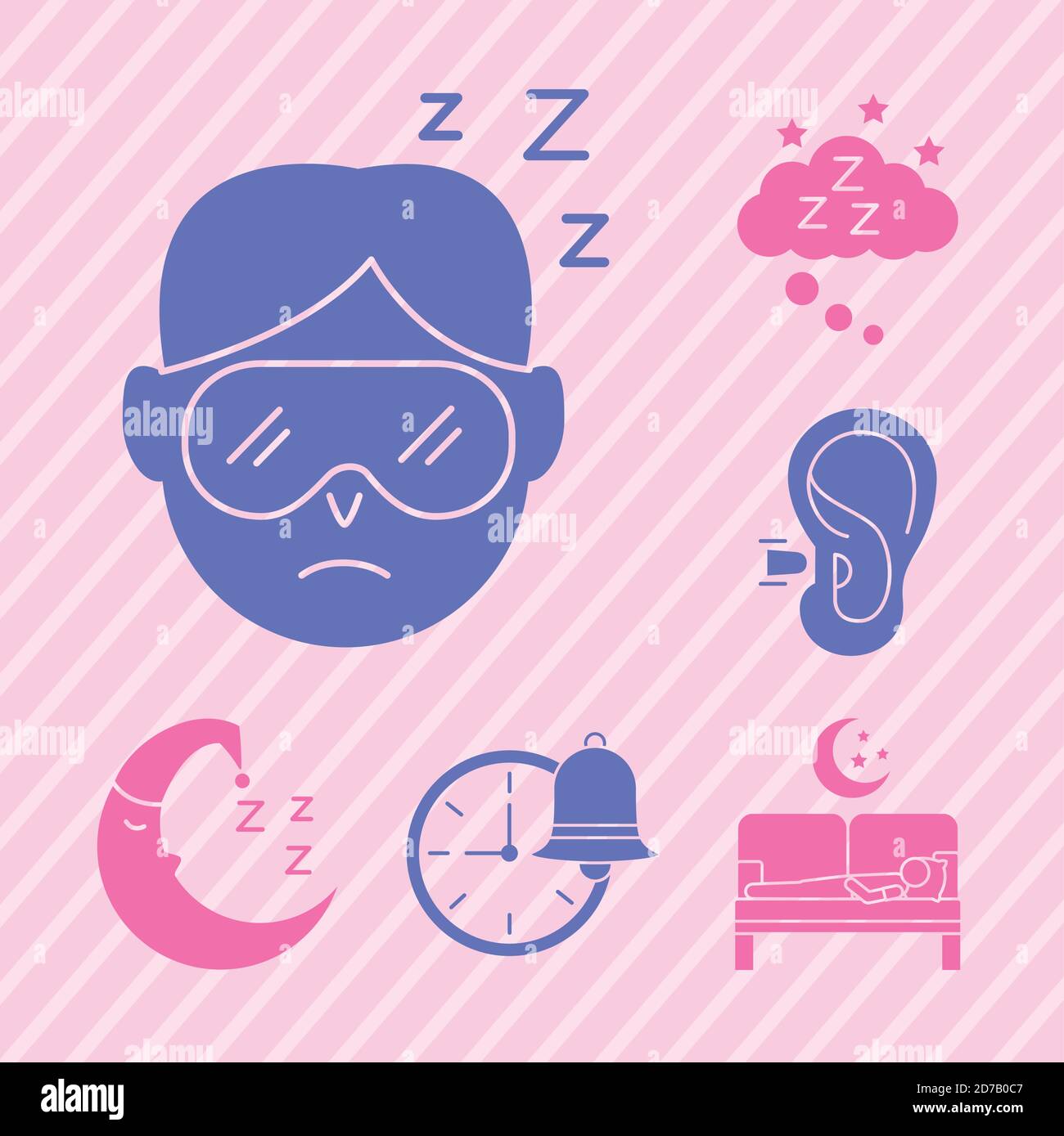 Uomo che dorme con fascio di icone stile silhouette Insomnia vettore disegno dell'illustrazione Illustrazione Vettoriale