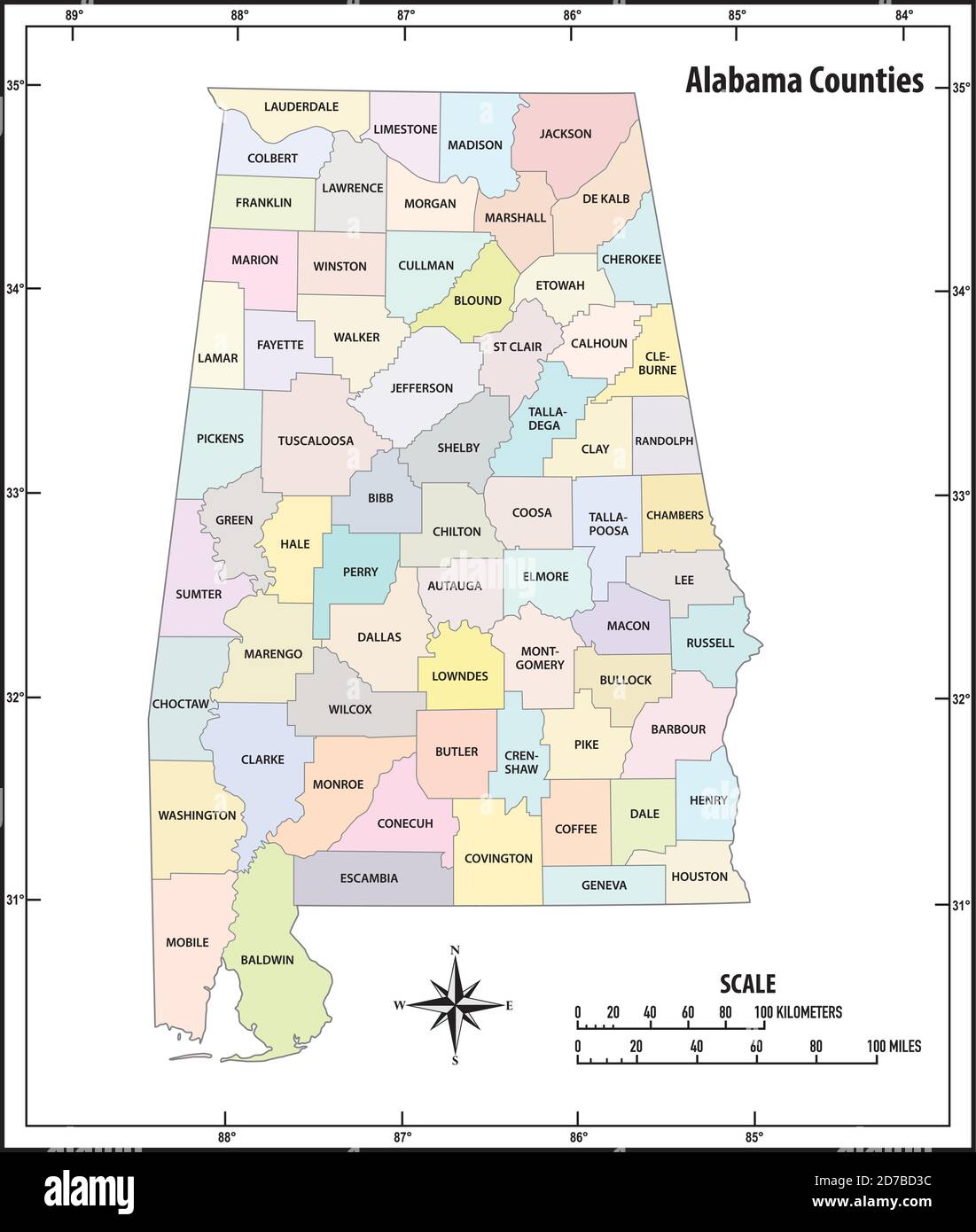 Alabama stato profilo amministrativo e politico mappa vettoriale a colori Illustrazione Vettoriale