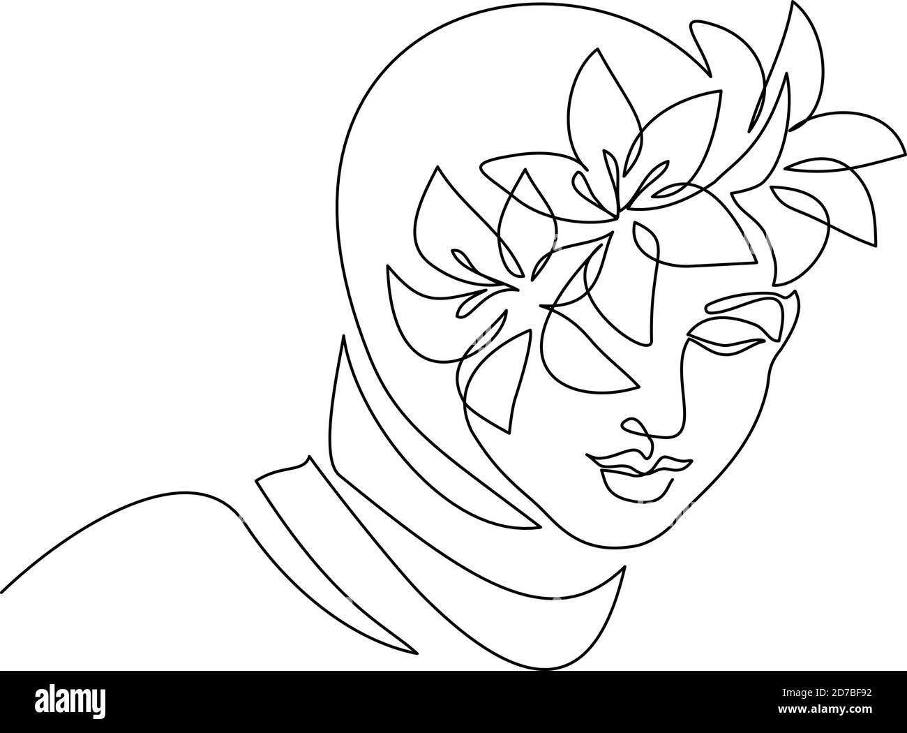 Giovane donna felice in hijab con fiori sul viso. Disegno continuo di una linea. Illustrazione vettoriale Illustrazione Vettoriale