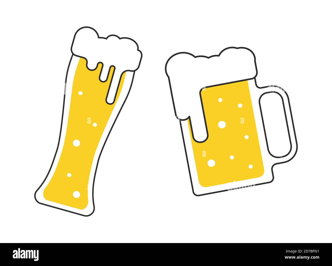 Due tazze di birra con schiuma bianca isolata su sfondo bianco. Cheers birra bicchieri illustrazione vettoriale in stile piatto Illustrazione Vettoriale