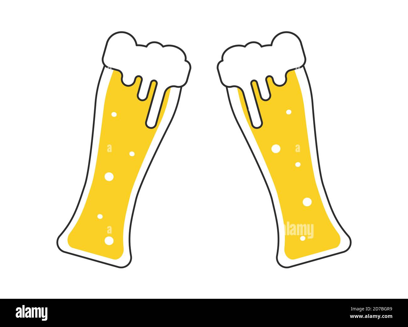 Due tazze di birra con schiuma bianca isolata su sfondo bianco. Cheers birra bicchieri illustrazione vettoriale in stile piatto Illustrazione Vettoriale