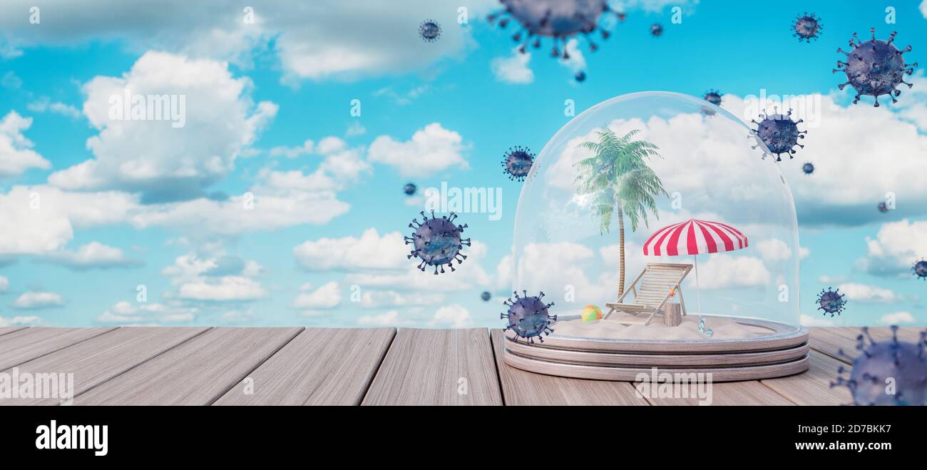 Periodo di quarantena del virus pandemico per destinazioni di viaggio e vacanze estive. concetto di illustrazione 3d rendering Foto Stock