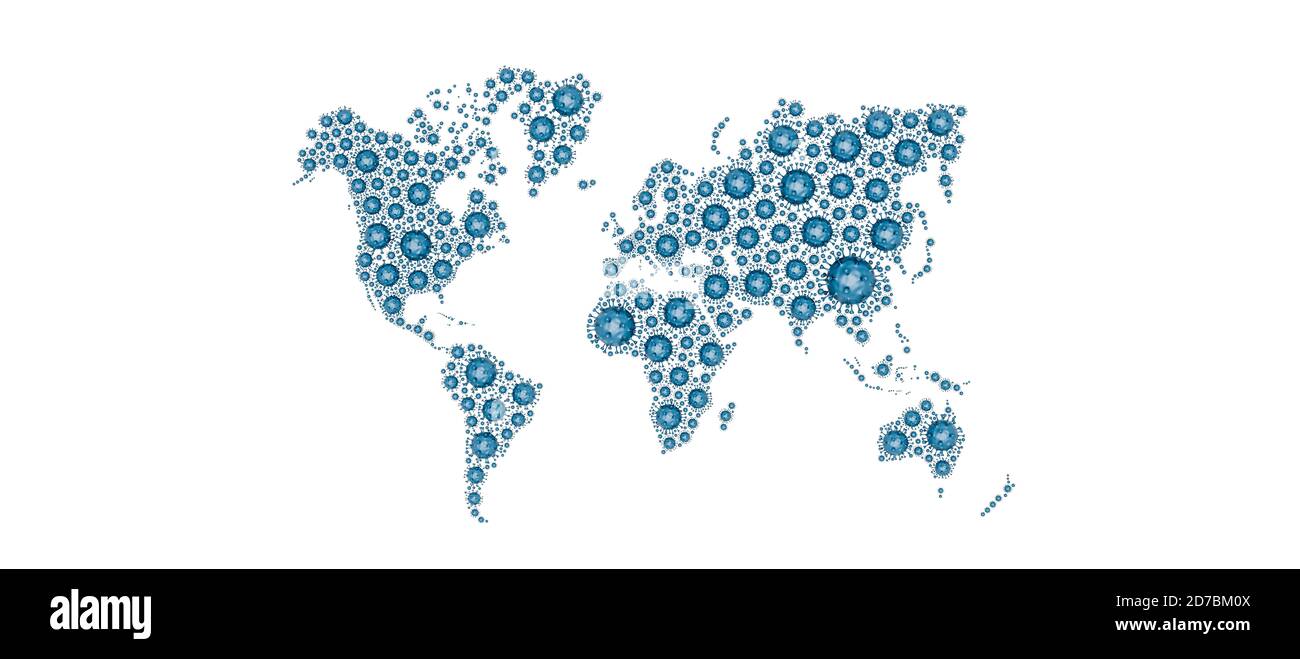Mappa del mondo fatta di virus. Virus epidemia globale diffusione concetto 3d rendering illustrazione 3d Foto Stock