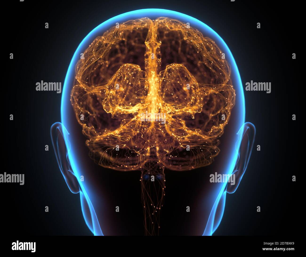 Raggi X della testa e del cervello umano in concetto di connessioni neurali e impulsi elettrici. Foto Stock